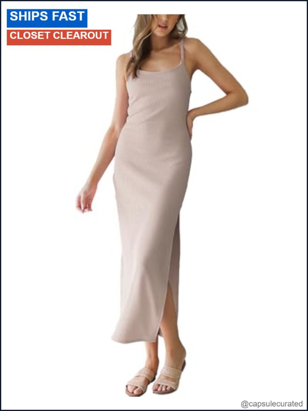 Ribbed Knit Maxi Dress Sleeveless Spaghetti Strap Bodycon Slim Fit